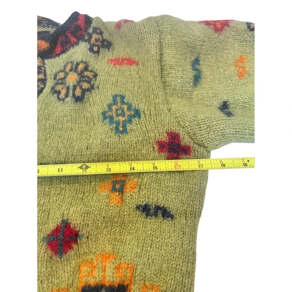 Bolder World Womens Wool Cardigan Sweater Green Southwestern Pattern Nepal Small